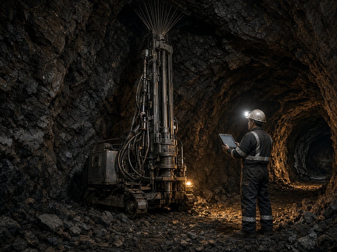 Underground longhole rig with a crew member recording work on a tablet